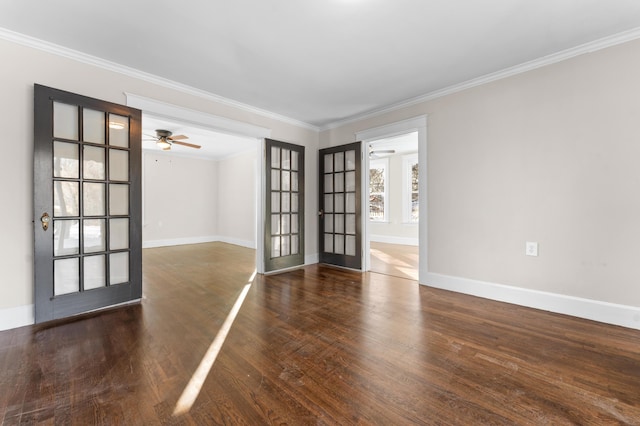 unfurnished room with crown molding, french doors, ceiling fan, and dark hardwood / wood-style floors