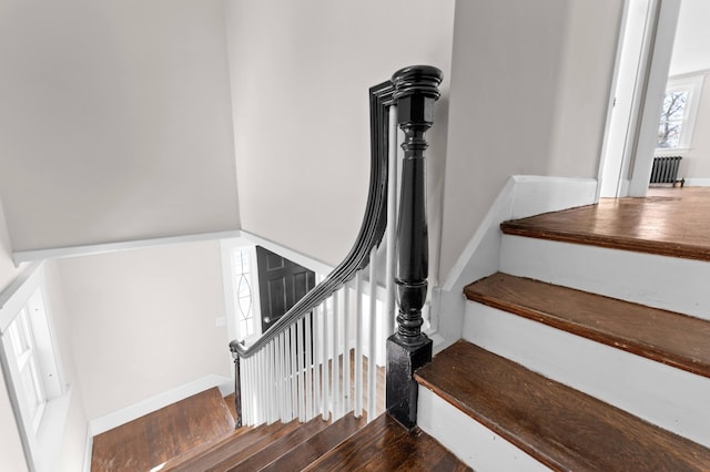 stairway featuring hardwood / wood-style floors and radiator