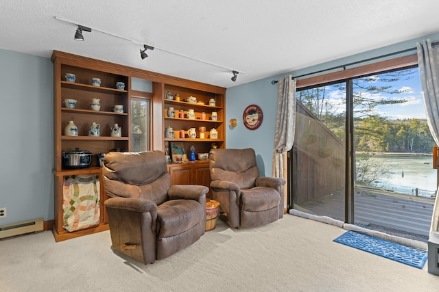 151 Mountain View Dr, Acton, ME 04001 - carpeted living room featuring a textured ceiling, track lighting, and a baseboard heating unit