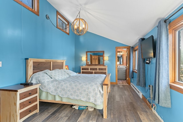 151 Mountain View Dr, Acton, ME 04001 - bedroom featuring vaulted ceiling, dark wood-type flooring, baseboard heating, and ensuite bath