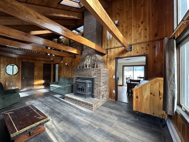 unfurnished living room featuring dark wood-type flooring, wood ceiling, a wood stove, and wooden walls