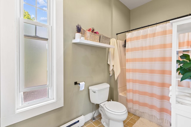 bathroom featuring a baseboard heating unit, tile patterned flooring, shower / tub combo with curtain, and toilet