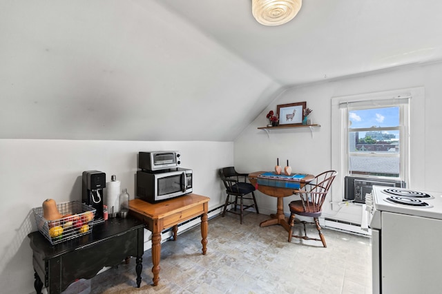 home office with baseboard heating and lofted ceiling