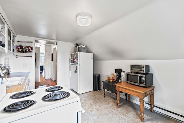 kitchen with white cabinetry, sink, baseboard heating, lofted ceiling, and white appliances