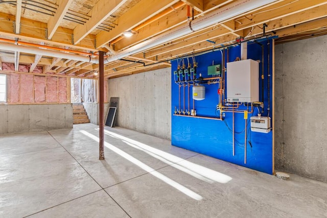 basement with tankless water heater