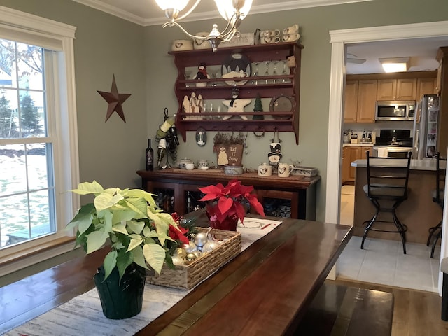 bar featuring light hardwood / wood-style flooring, crown molding, stainless steel appliances, and a chandelier