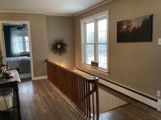 hallway featuring dark hardwood / wood-style floors, ornamental molding, and a baseboard radiator