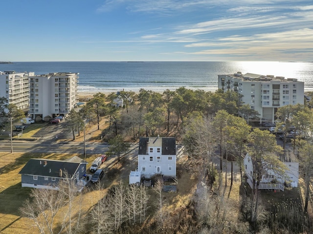 aerial view with a view of the beach and a water view