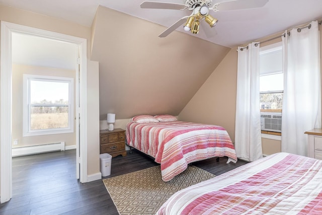 bedroom featuring multiple windows, a baseboard radiator, ceiling fan, and dark hardwood / wood-style floors