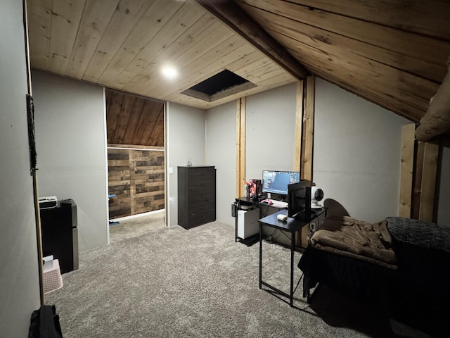 home office with light carpet, wood ceiling, and vaulted ceiling