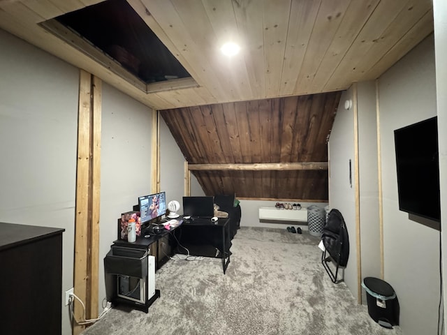 carpeted home office with lofted ceiling and wooden ceiling