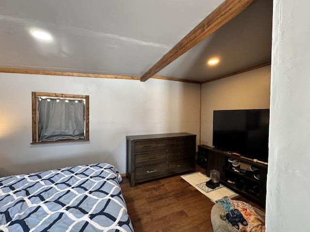 bedroom with dark wood-type flooring, recessed lighting, and beamed ceiling