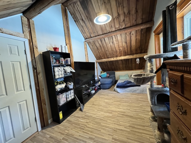 additional living space with vaulted ceiling with beams, light wood-style floors, and wooden ceiling