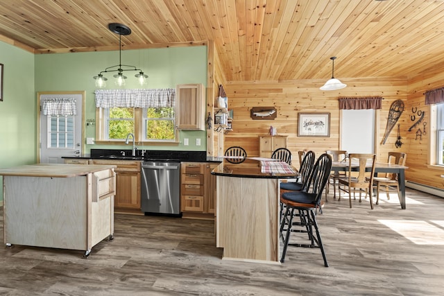 kitchen featuring dishwasher, a kitchen island, wooden ceiling, and decorative light fixtures