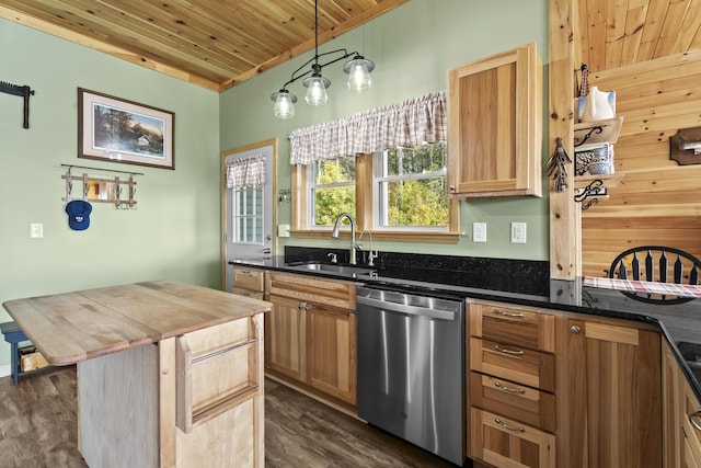 kitchen featuring sink, dark hardwood / wood-style flooring, stainless steel dishwasher, pendant lighting, and wood ceiling