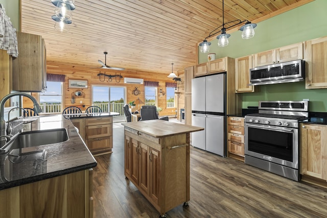 kitchen featuring appliances with stainless steel finishes, wood ceiling, a kitchen island with sink, sink, and hanging light fixtures