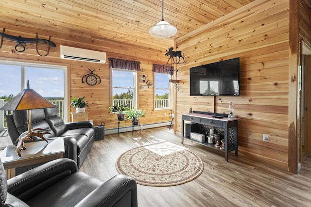 living room with a wall mounted air conditioner, a wealth of natural light, baseboard heating, wood-type flooring, and wooden ceiling