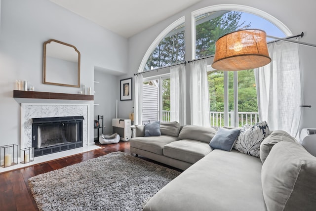 living room featuring a high ceiling, dark hardwood / wood-style floors, a healthy amount of sunlight, and a premium fireplace