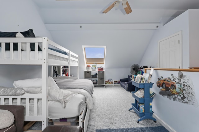 bedroom featuring carpet, ceiling fan, and lofted ceiling