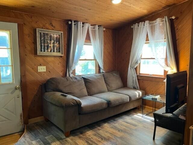 living room with hardwood / wood-style floors and wooden walls