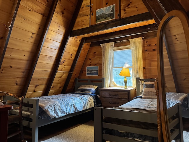 bedroom with carpet, vaulted ceiling with beams, wood walls, and wood ceiling