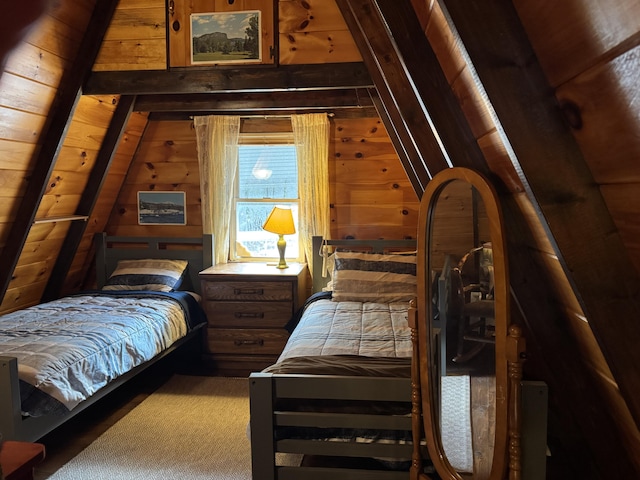 carpeted bedroom with vaulted ceiling with beams, wood walls, and wood ceiling