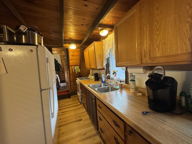 kitchen featuring beam ceiling, sink, white appliances, wood ceiling, and light wood-type flooring