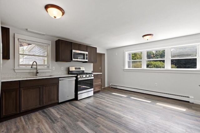 kitchen featuring a wealth of natural light, sink, appliances with stainless steel finishes, and a baseboard radiator