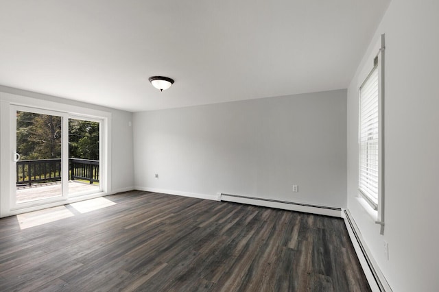 empty room featuring dark hardwood / wood-style floors and baseboard heating