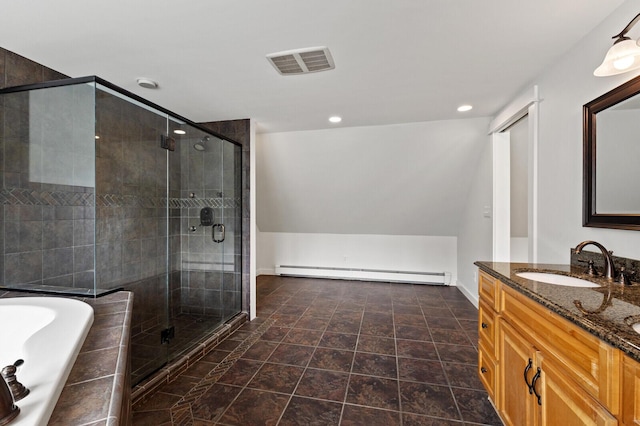 bathroom featuring vanity, separate shower and tub, vaulted ceiling, and a baseboard radiator