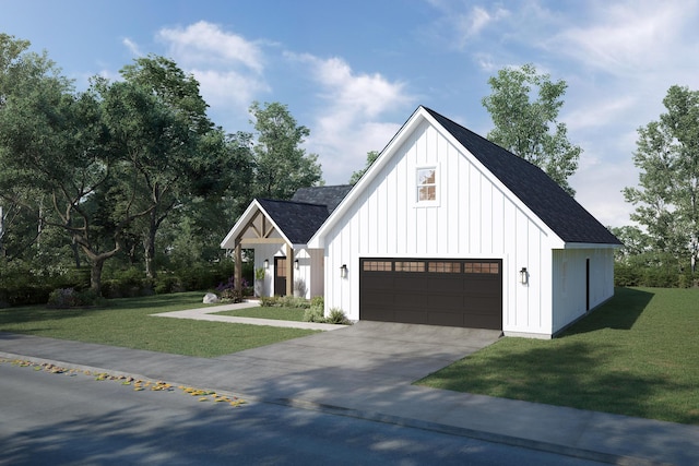 modern farmhouse with a front lawn and a garage