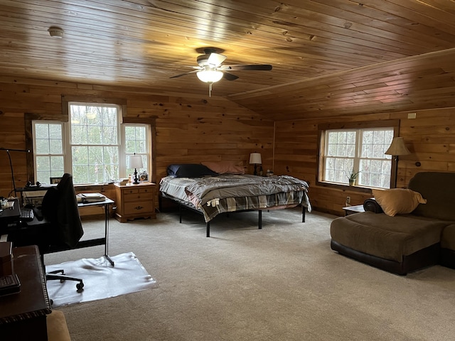 bedroom with light carpet, vaulted ceiling, ceiling fan, and wooden ceiling