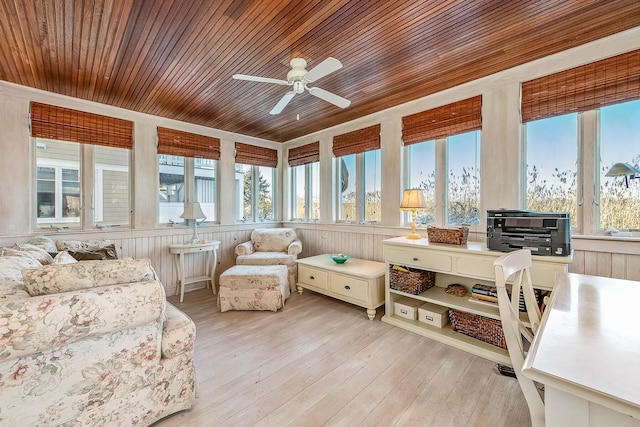 sunroom / solarium featuring plenty of natural light, ceiling fan, and wooden ceiling