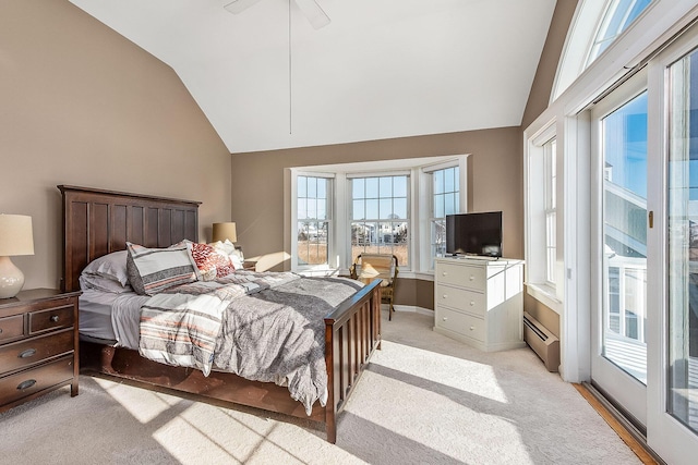 carpeted bedroom with ceiling fan, access to exterior, lofted ceiling, and a baseboard radiator