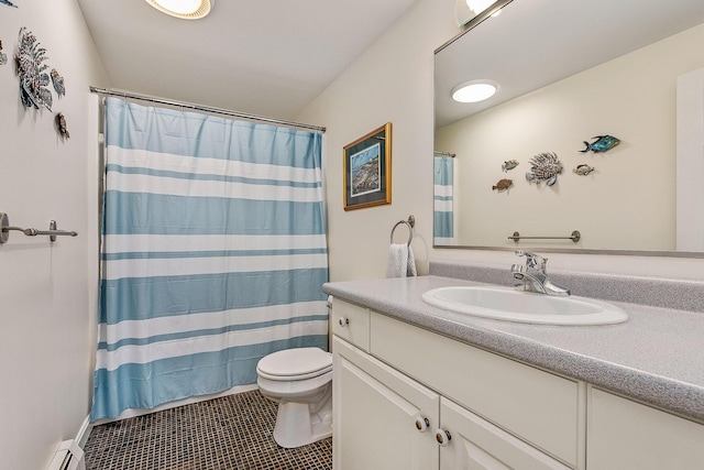 bathroom with a shower with curtain, a baseboard heating unit, tile patterned floors, toilet, and vanity