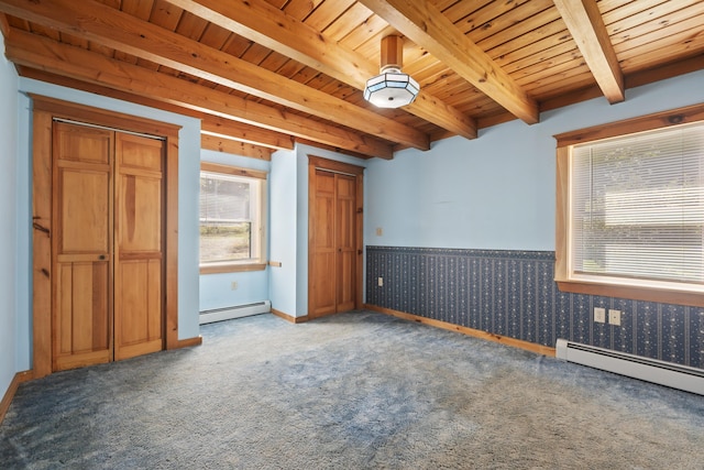 carpeted empty room featuring beam ceiling, wood ceiling, and baseboard heating