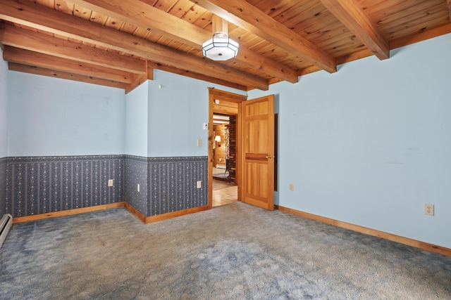 unfurnished room with beamed ceiling, wooden ceiling, and carpet floors