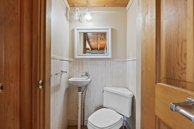 bathroom featuring toilet, wooden walls, and sink