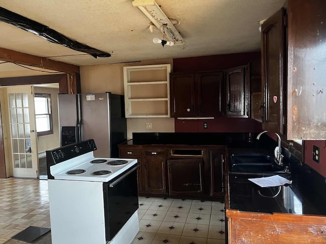 kitchen with stainless steel refrigerator with ice dispenser, a textured ceiling, dark brown cabinetry, sink, and white electric stove