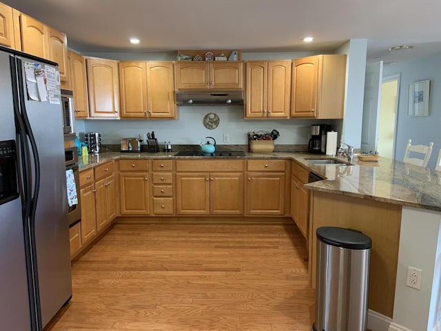 kitchen featuring sink, light wood-type flooring, light stone countertops, appliances with stainless steel finishes, and kitchen peninsula