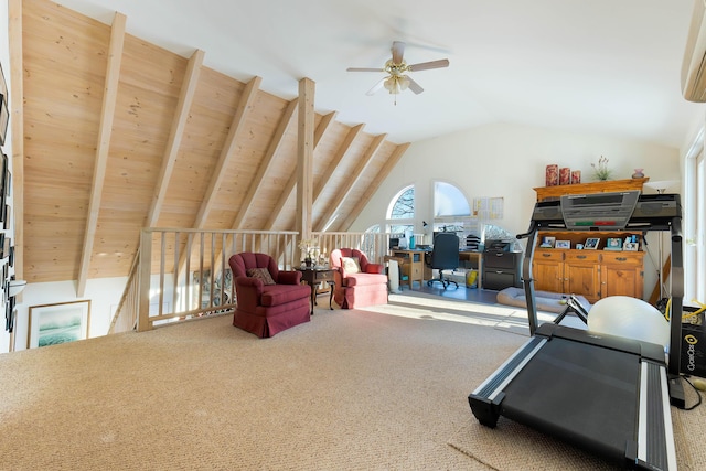 exercise room featuring lofted ceiling, ceiling fan, wood ceiling, and carpet floors