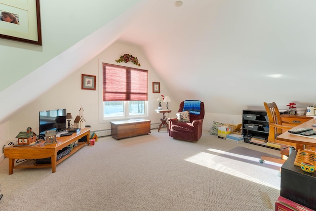 interior space with carpet flooring and lofted ceiling