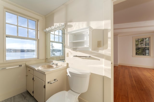 bathroom featuring crown molding, vanity, wood-type flooring, and toilet