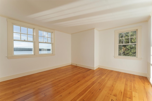 unfurnished room with light hardwood / wood-style floors and ornamental molding