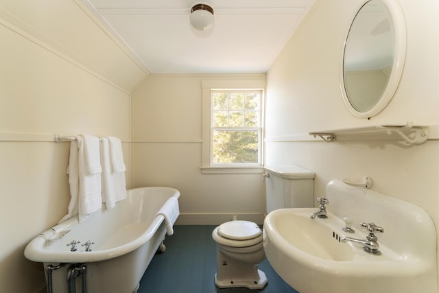 bathroom with sink, ornamental molding, a tub, and vaulted ceiling