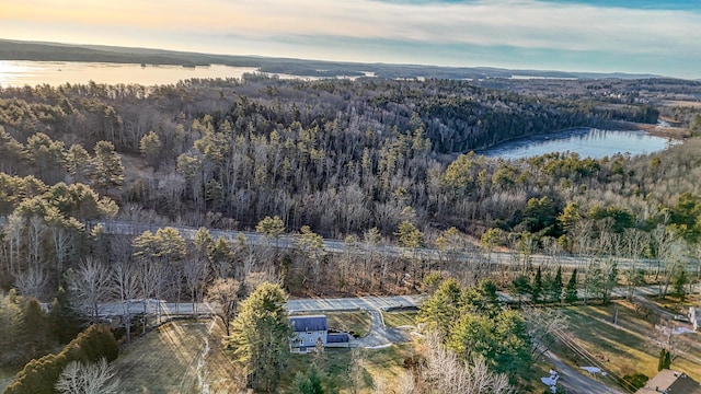 aerial view at dusk featuring a water view