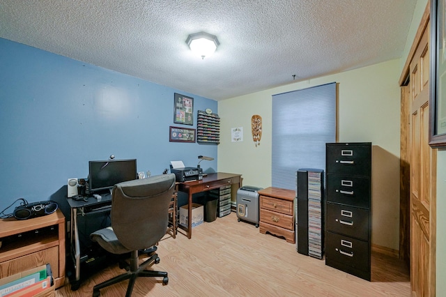 office featuring light hardwood / wood-style flooring and a textured ceiling