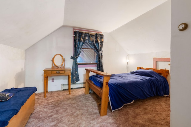 carpeted bedroom with vaulted ceiling and a baseboard radiator