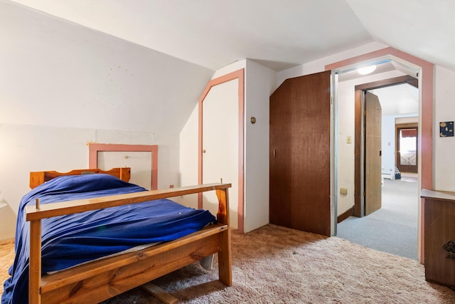 carpeted bedroom with lofted ceiling