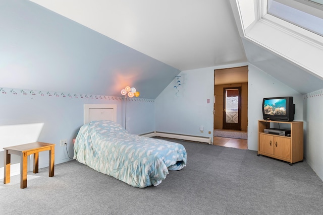 bedroom featuring baseboard heating, carpet, and vaulted ceiling